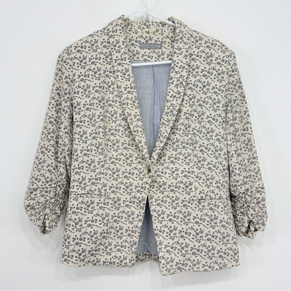 Olivia Moon Cream Blue Floral Print Linen Blend Ruched Sleeve Blazer Jacket